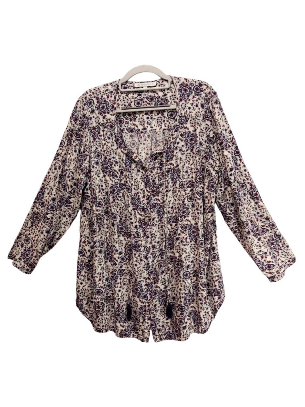 Daniel Rain Blouse womens 1x Peasant roll tab floral tie tassels silver buttons